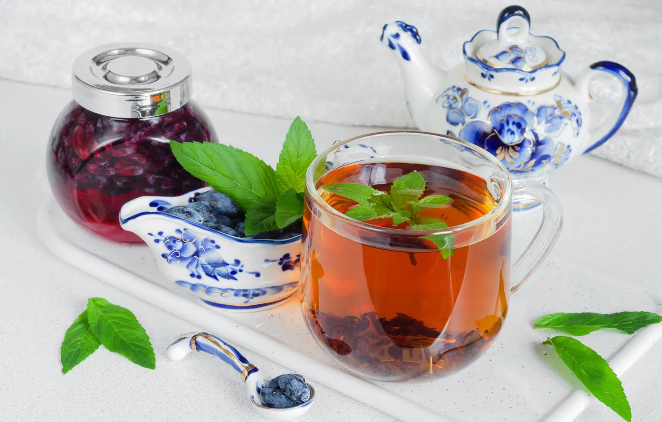 Photo wallpaper berries, table, tea, towel, kettle, fruit, spoon, the tea party
