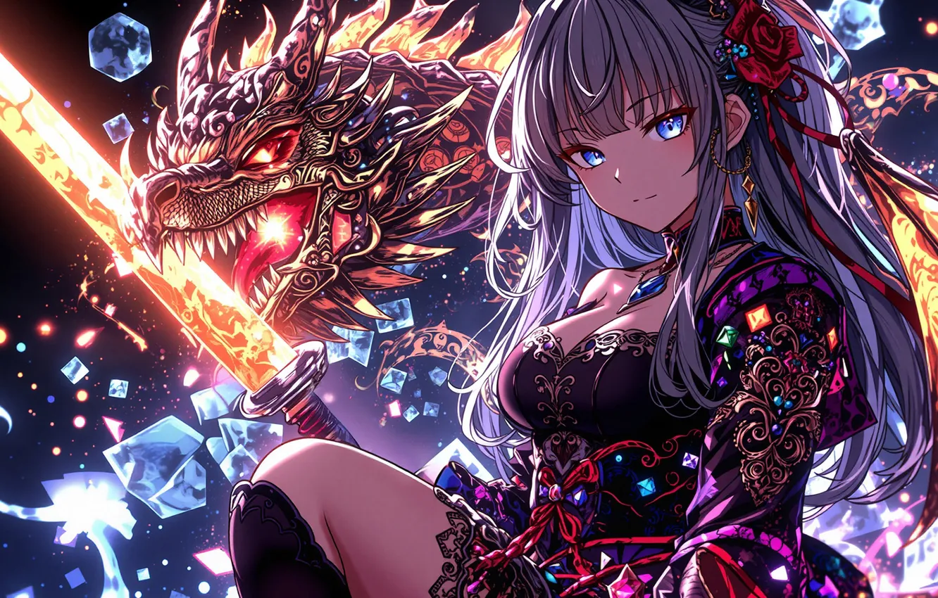 Photo wallpaper girl, fragments, dragon, sword