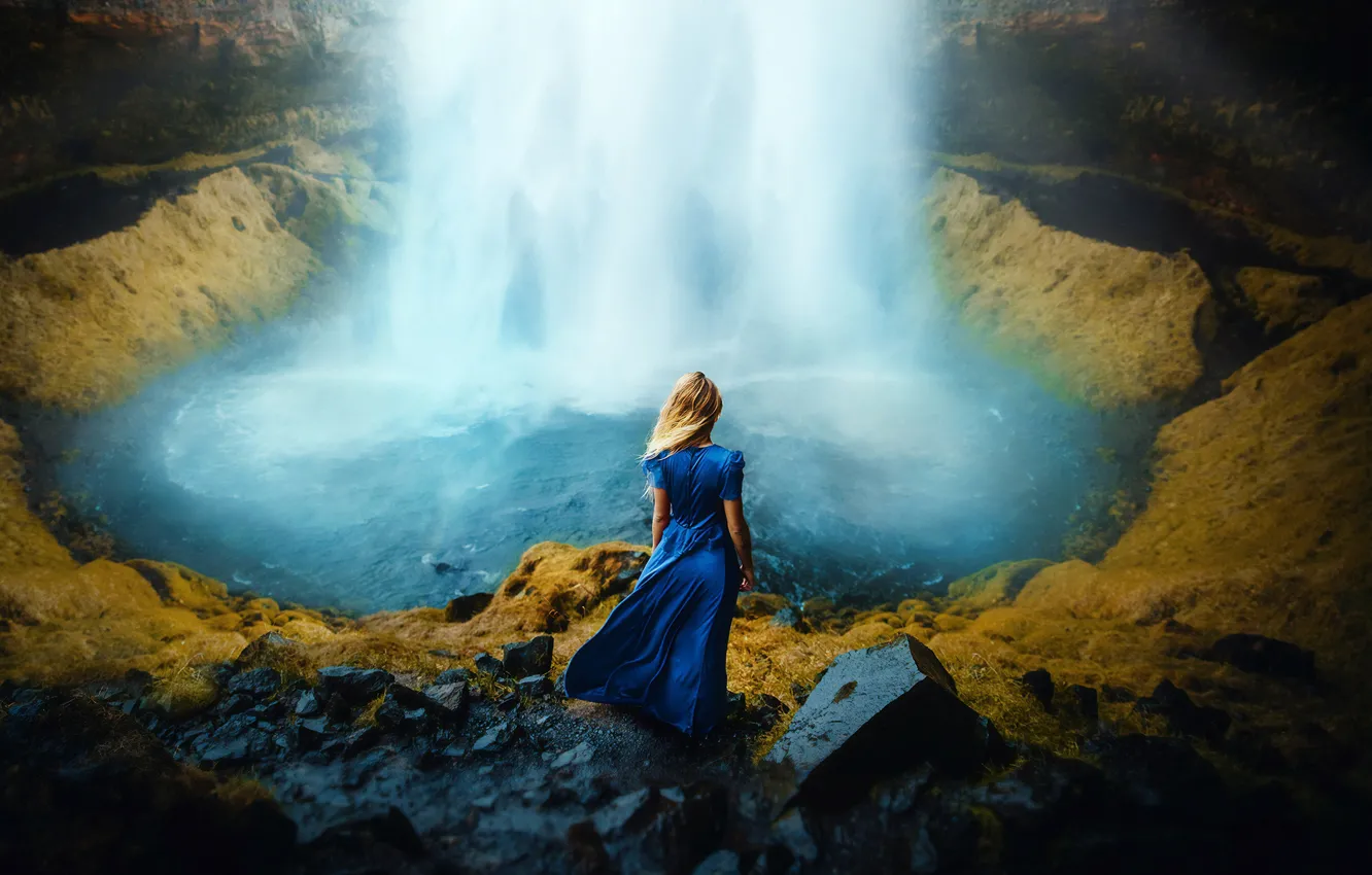 Photo wallpaper girl, the wind, hair, back, waterfall, dress