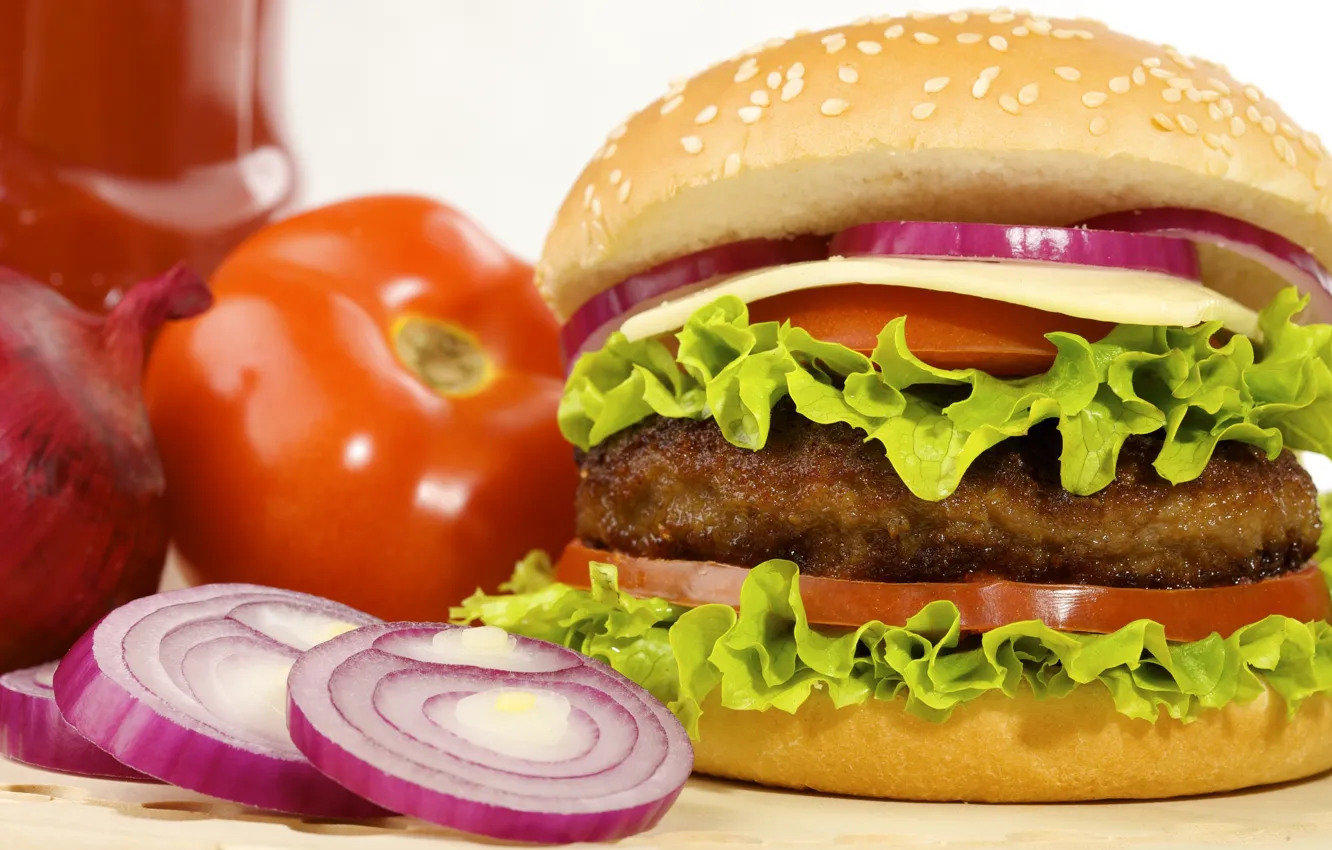 Photo wallpaper cheese, bow, tomatoes, hamburger, Patty, roll, fast food, lettuce