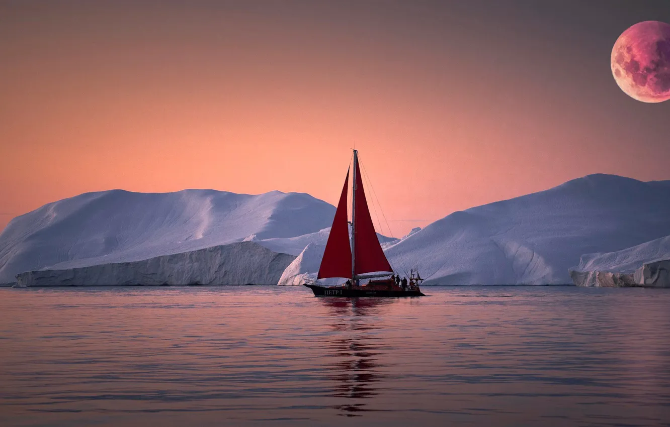 Photo wallpaper sea, sunset, yacht, ice, icebergs, full moon, Greenland