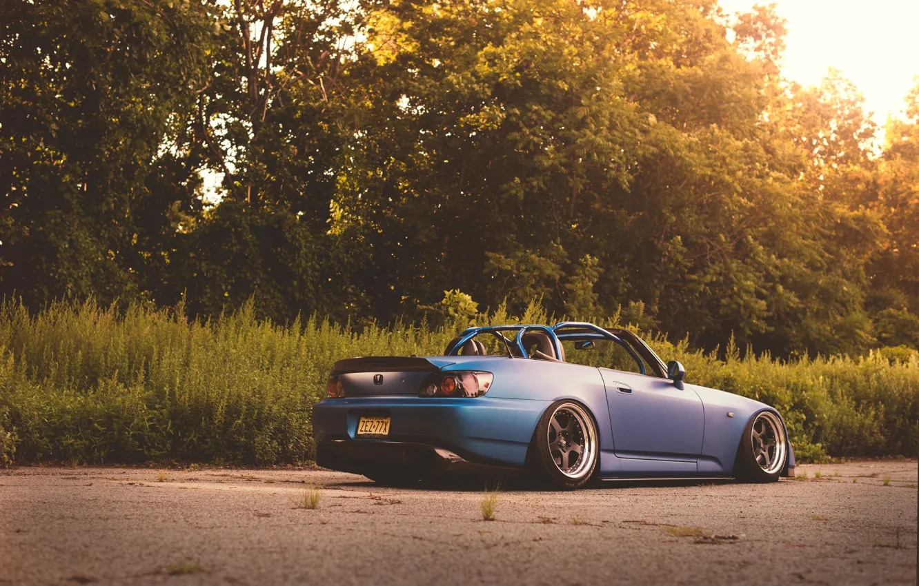 Photo wallpaper road, the sun, trees, Bush, wheel, back, Honda, S2000