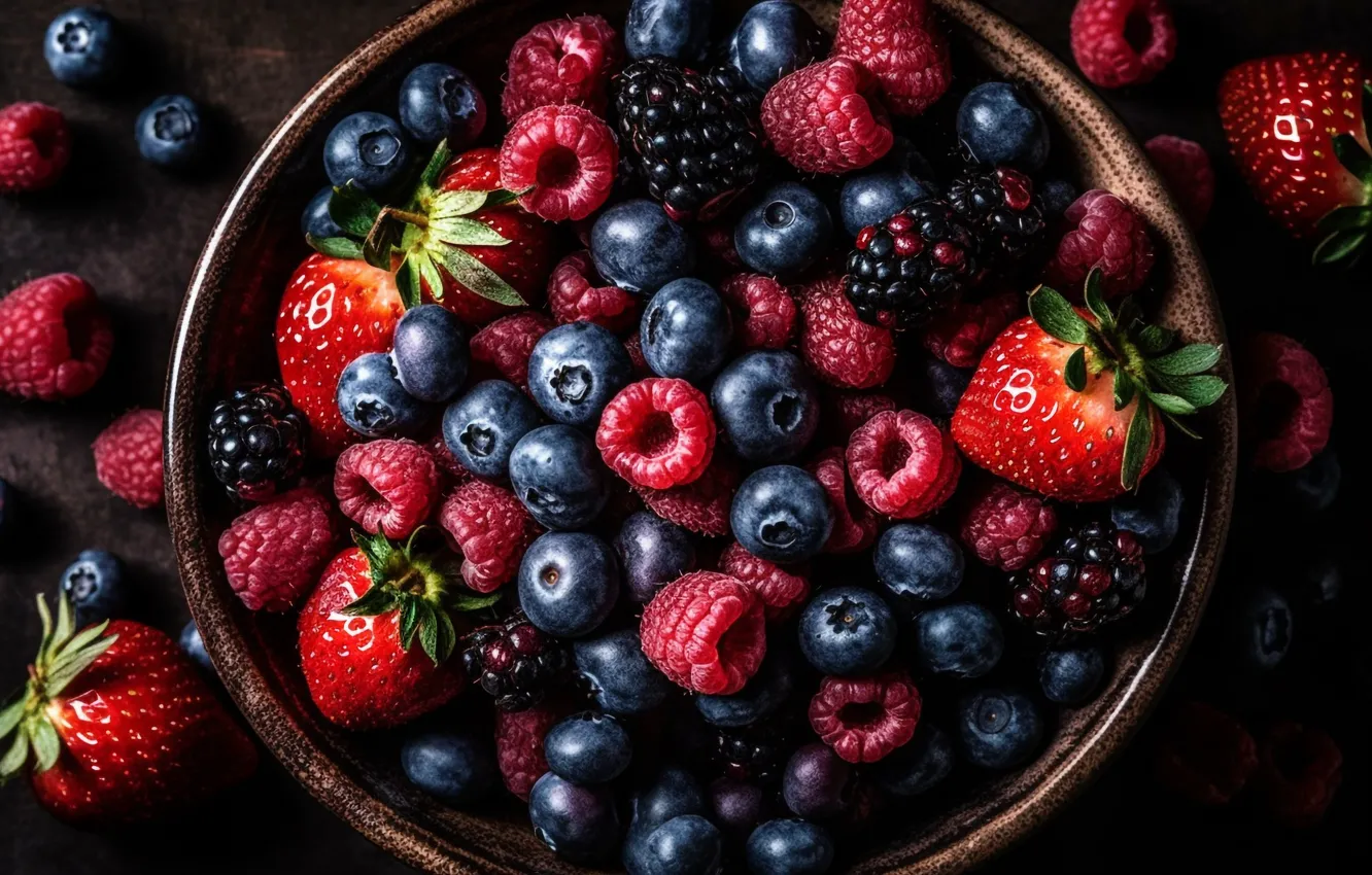Photo wallpaper berries, raspberry, the dark background, table, food, blueberries, strawberry, bowl
