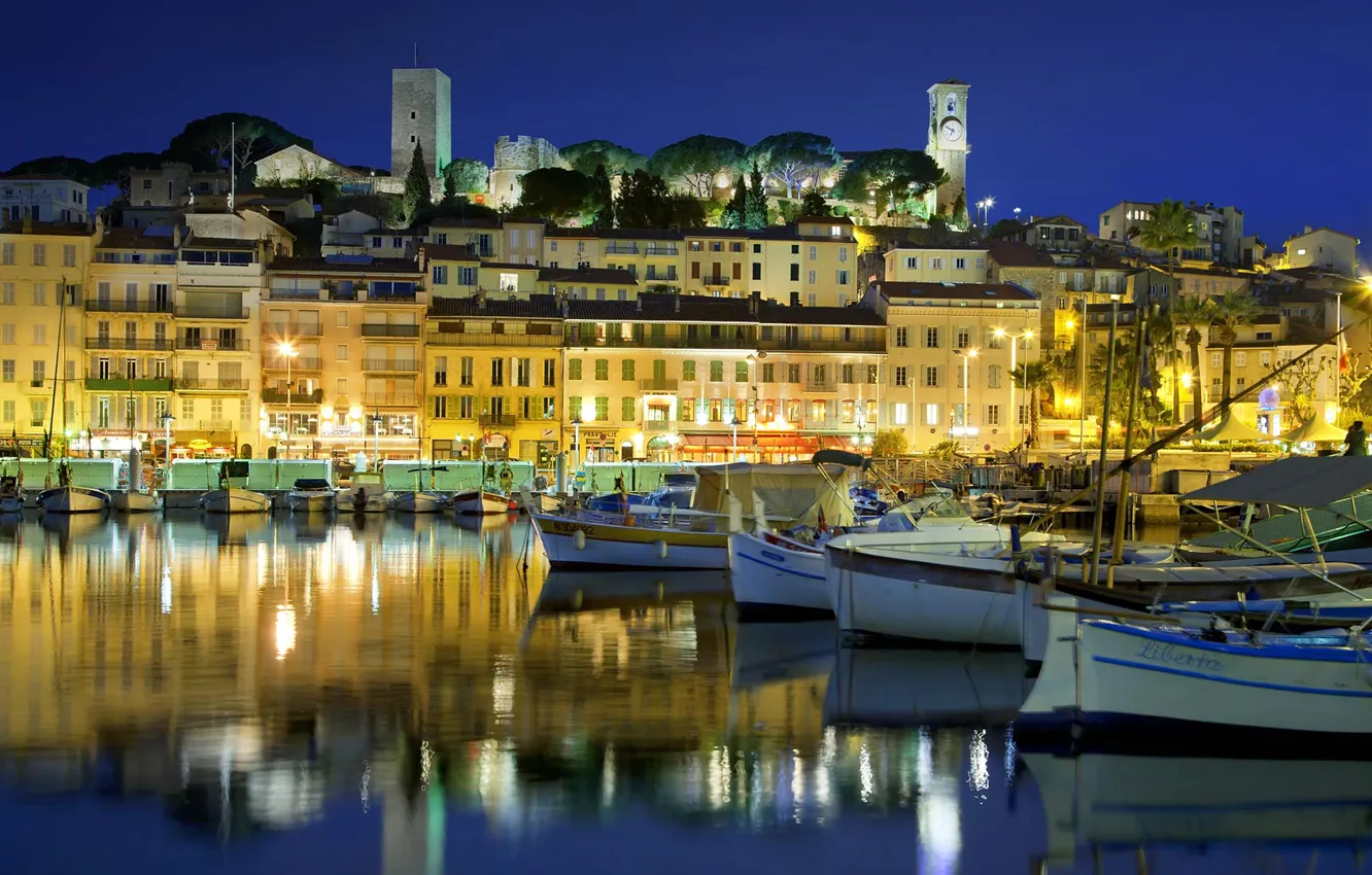 Photo wallpaper night, lights, boat, France, home, harbour, old town, Provence-Alpes-Cote d'azur
