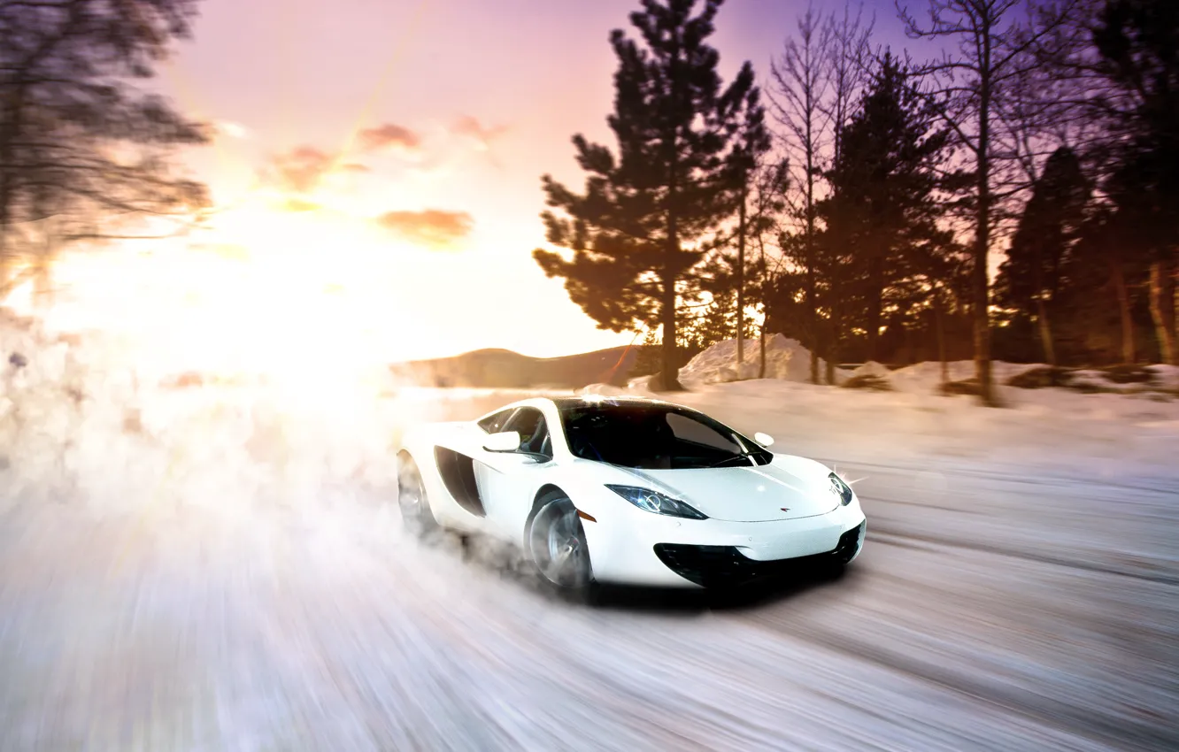 Photo wallpaper McLaren, Winter, Sunset, MP4-12C, Snow, White, exotic, Supercar