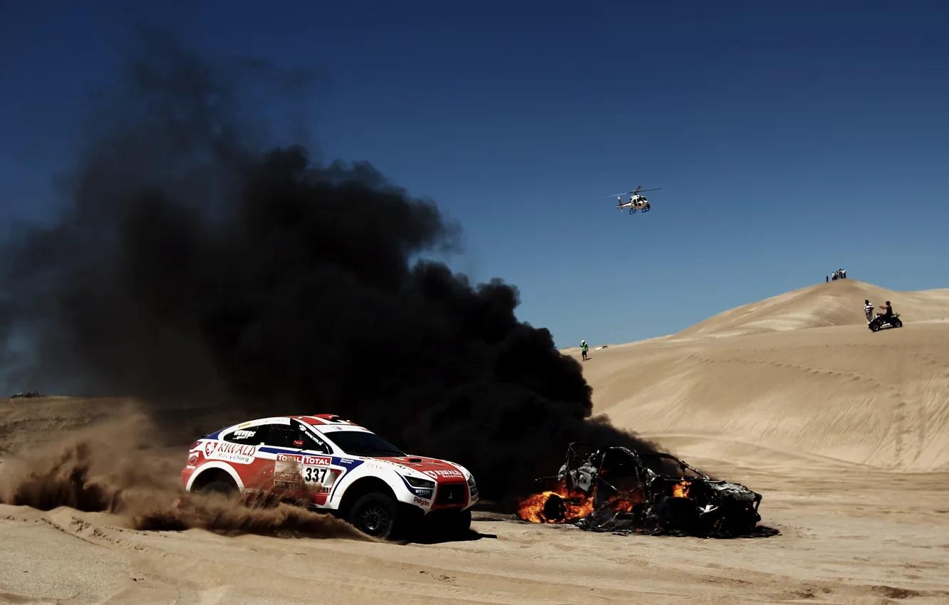Photo wallpaper Sand, Auto, Smoke, Fire, Sport, Desert, Machine, Helicopter