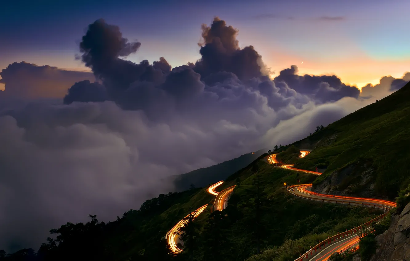 Photo wallpaper road, the sky, clouds, lights, the evening, excerpt
