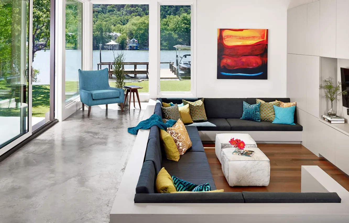 Photo wallpaper design, style, interior, Austin, living room, Texas, view of the pier, by Stuart Sampley Architect