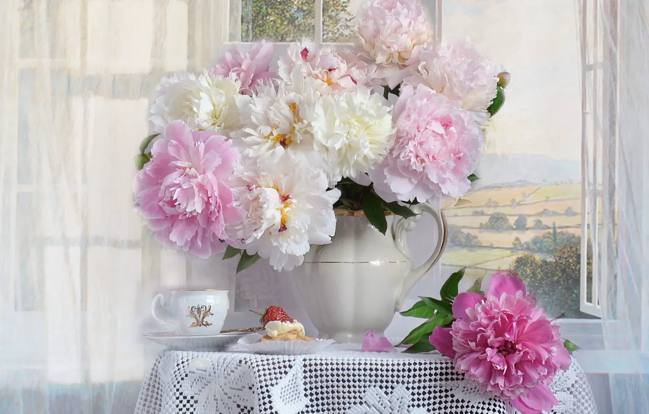 Photo wallpaper bouquet, window, Cup, cake, peonies