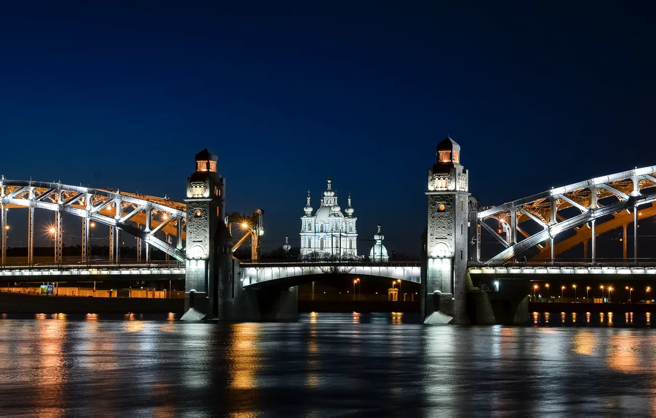 Photo wallpaper night, bridge, the city, river, Peter, lighting, Saint Petersburg, Smolny Cathedral