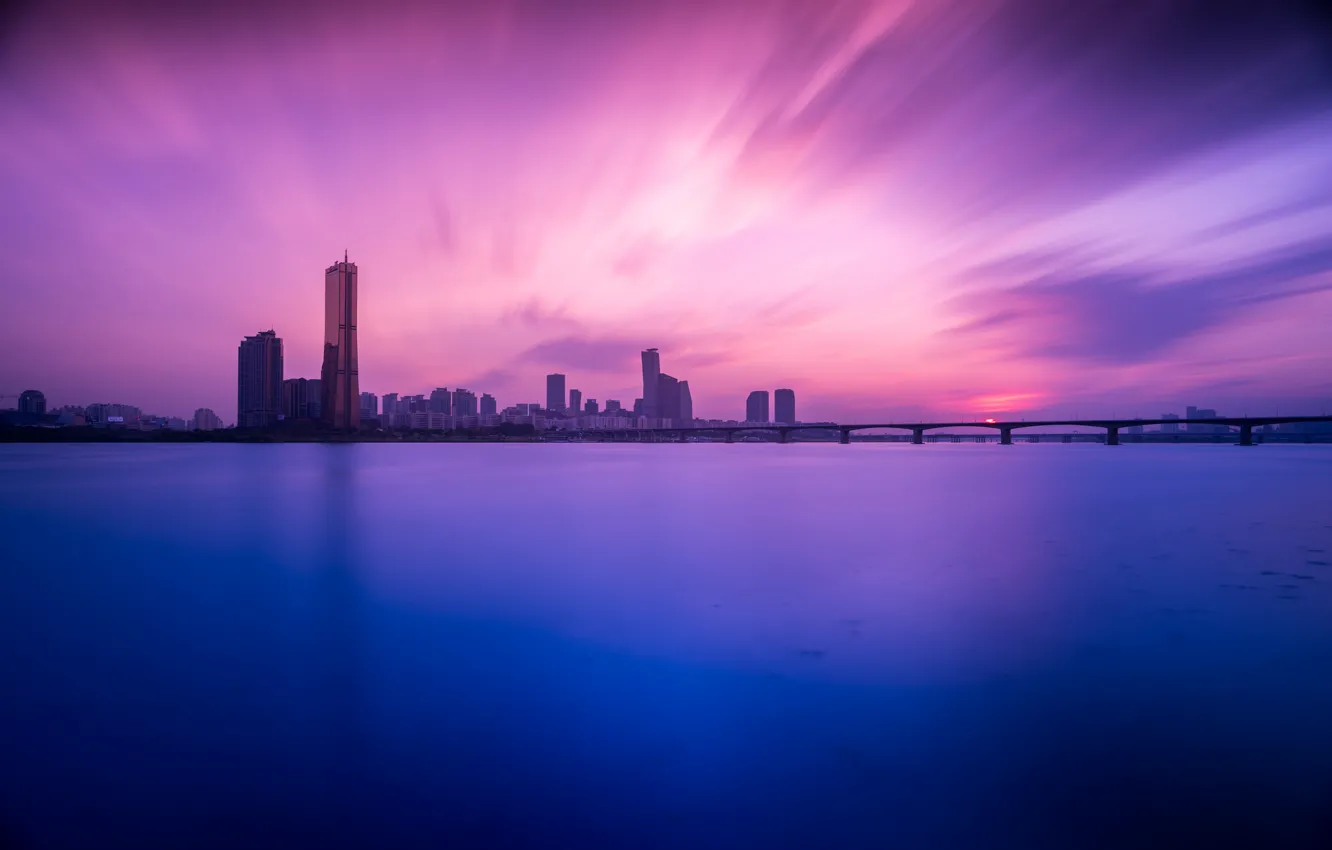 Photo wallpaper sunset, bridge, river, building, South Korea, Seoul, Seoul, South Korea