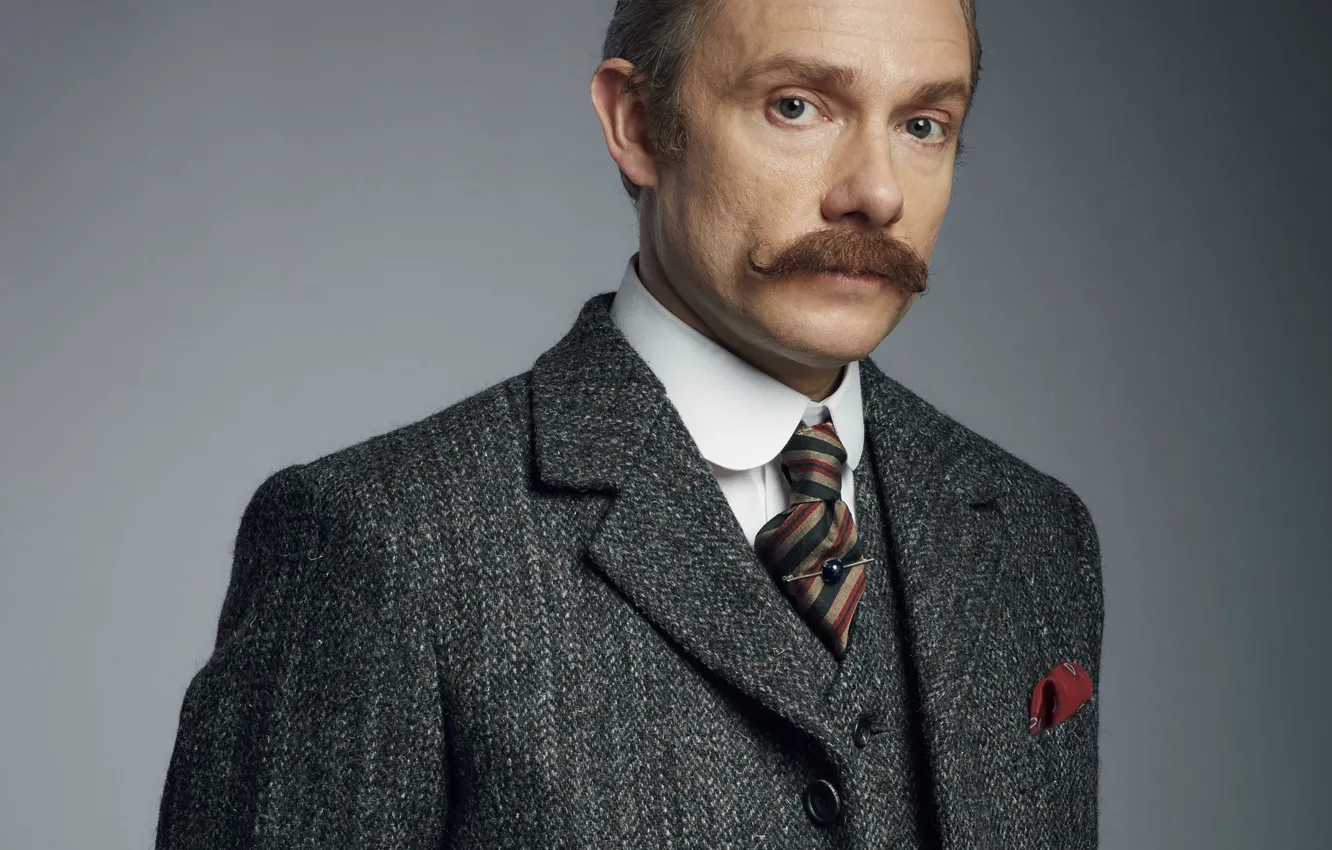 Photo wallpaper mustache, grey background, Sherlock Holmes, coat, Martin Freeman, Benedict Cumberbatch, Benedict Cumberbatch, Sherlock