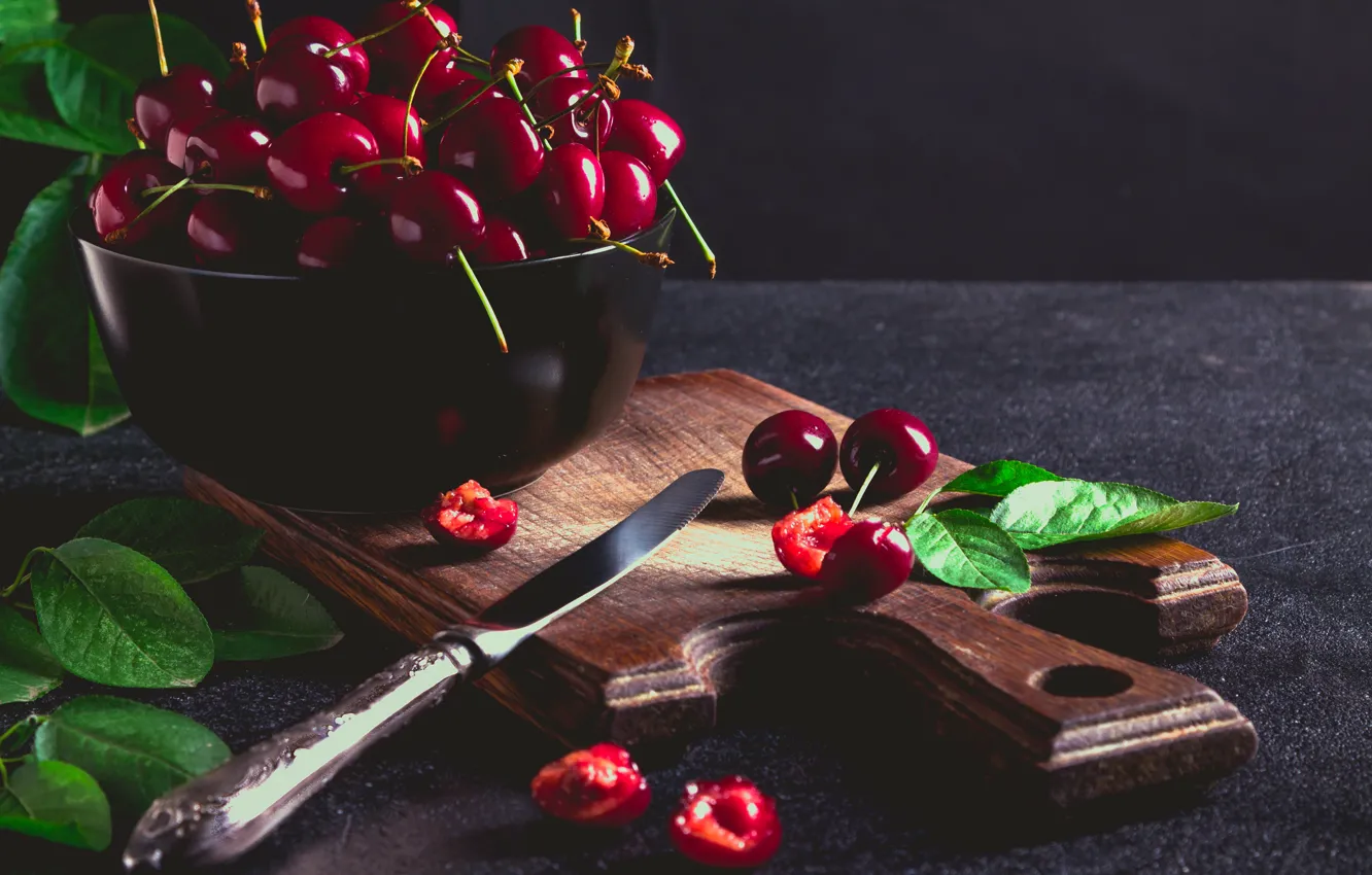Photo wallpaper leaves, cherry, ripe