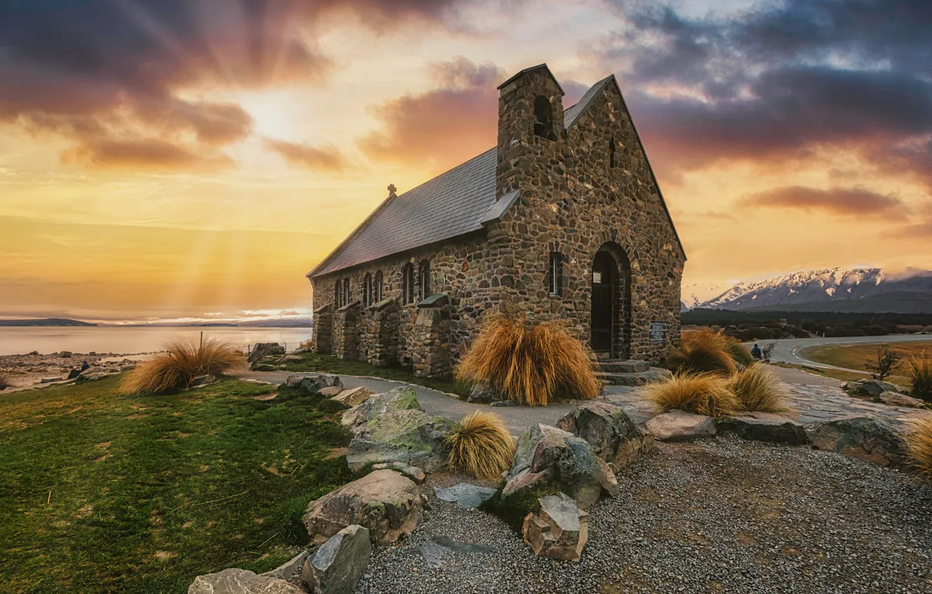 Photo wallpaper stone, stones, rays, mountains, Church, shore, bumps, pebbles