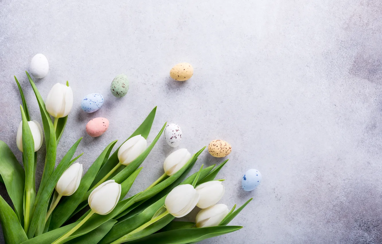 Photo wallpaper flowers, eggs, spring, Easter, tulips, white, happy, flowers