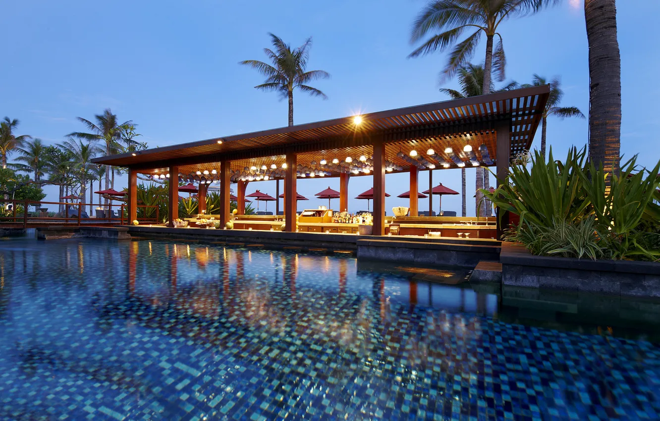 Photo wallpaper palm trees, the evening, bar, pool