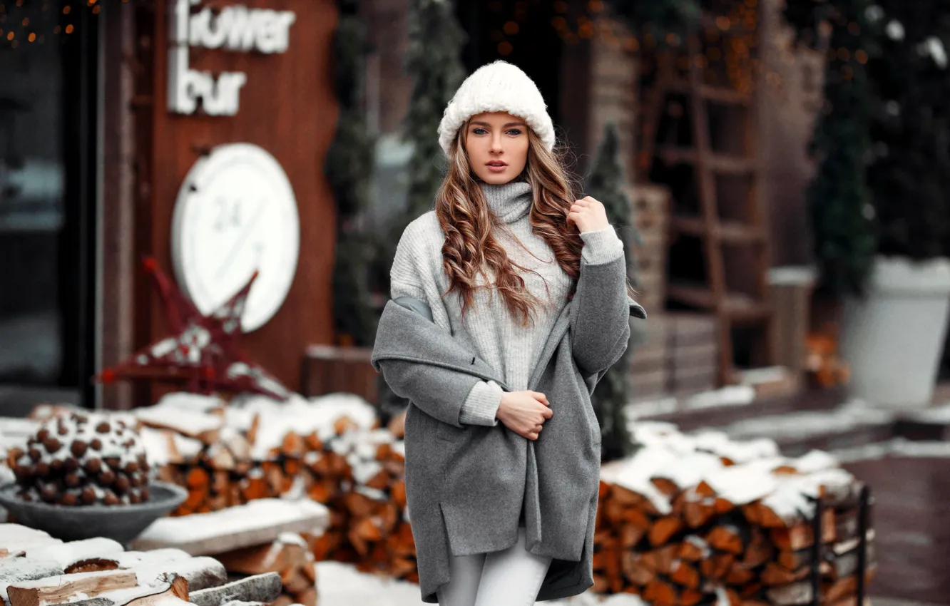 Photo wallpaper winter, girl, snow, pose, hat, hair, wood, Alexander Bui