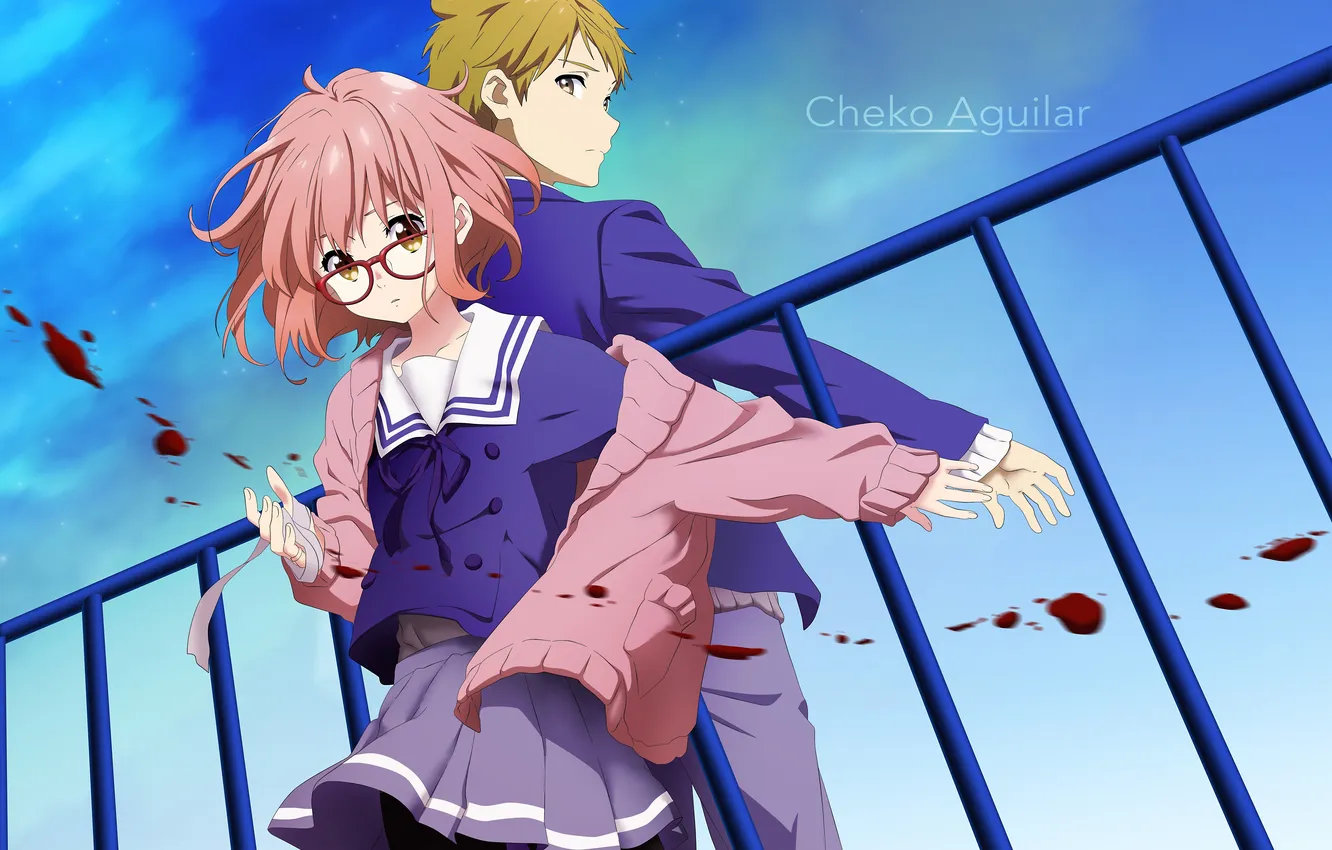 Photo wallpaper roof, the sky, girl, clouds, blood, anime, art, glasses