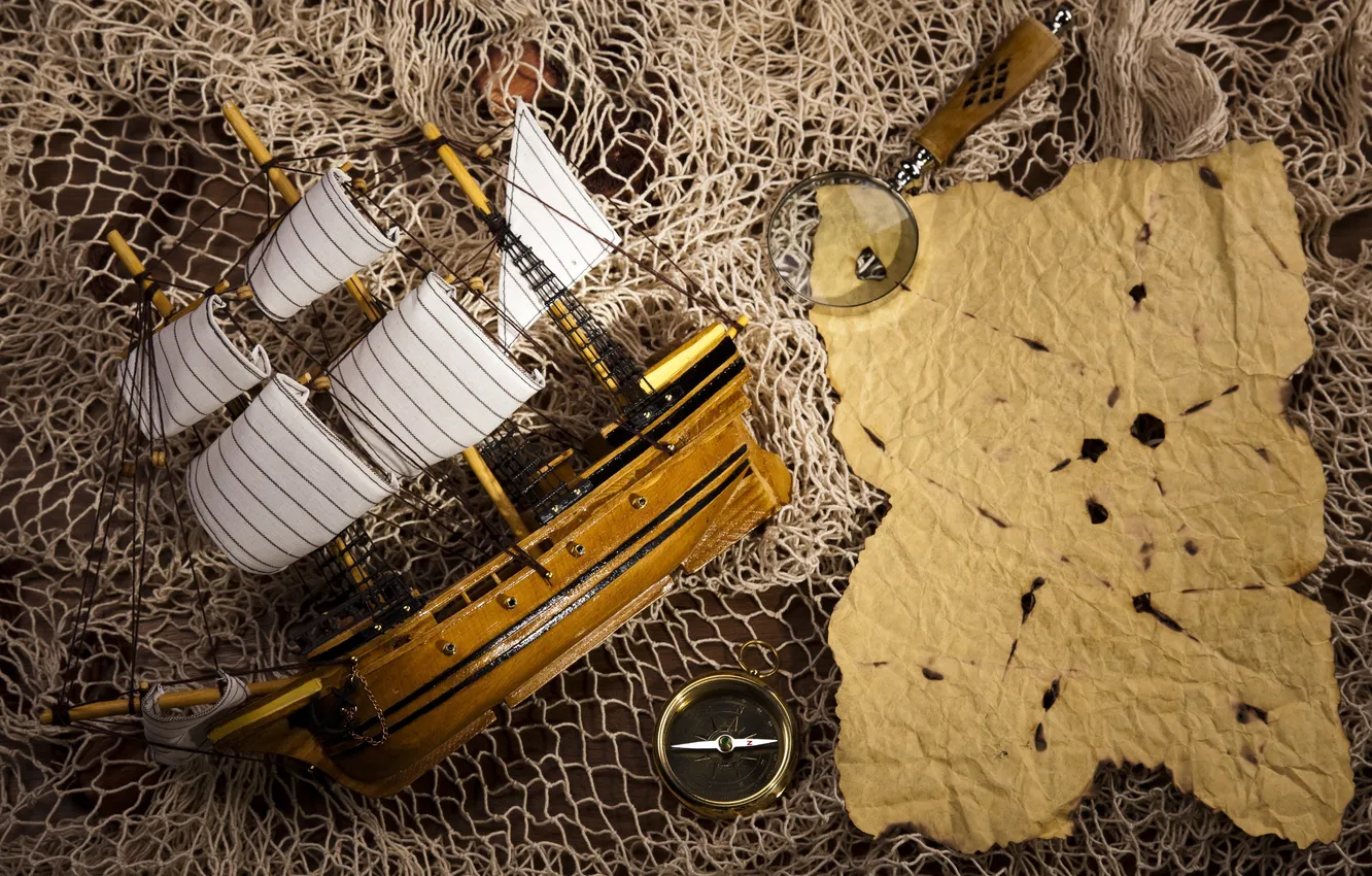 Photo wallpaper network, ship, map, magnifier, layout, compass