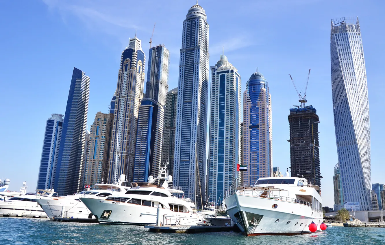 Photo wallpaper skyscrapers, yacht, port, Dubai, Dubai, skyscrapers, harbor