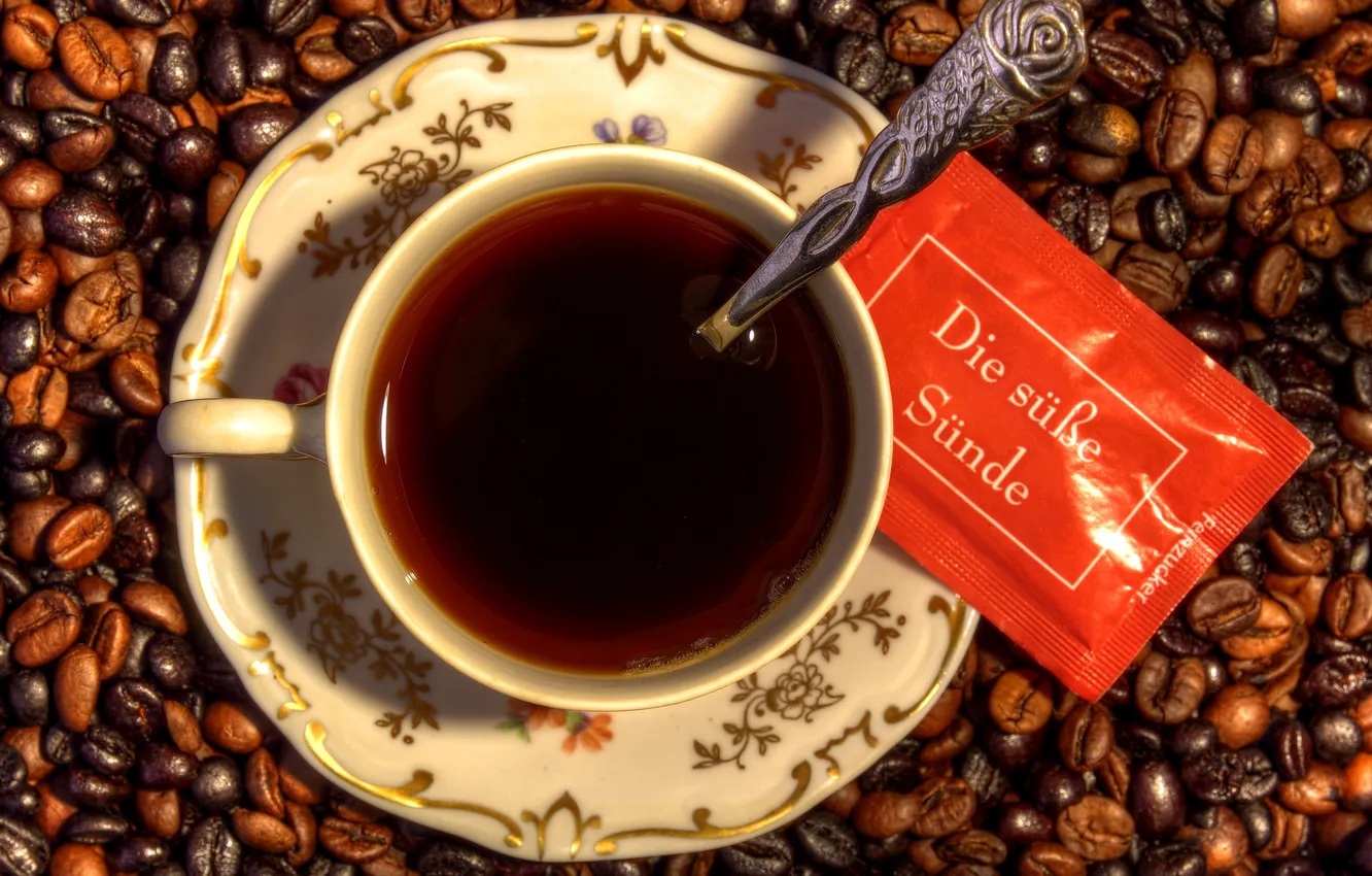 Photo wallpaper coffee, grain, sugar, spoon, bag, coffee steam