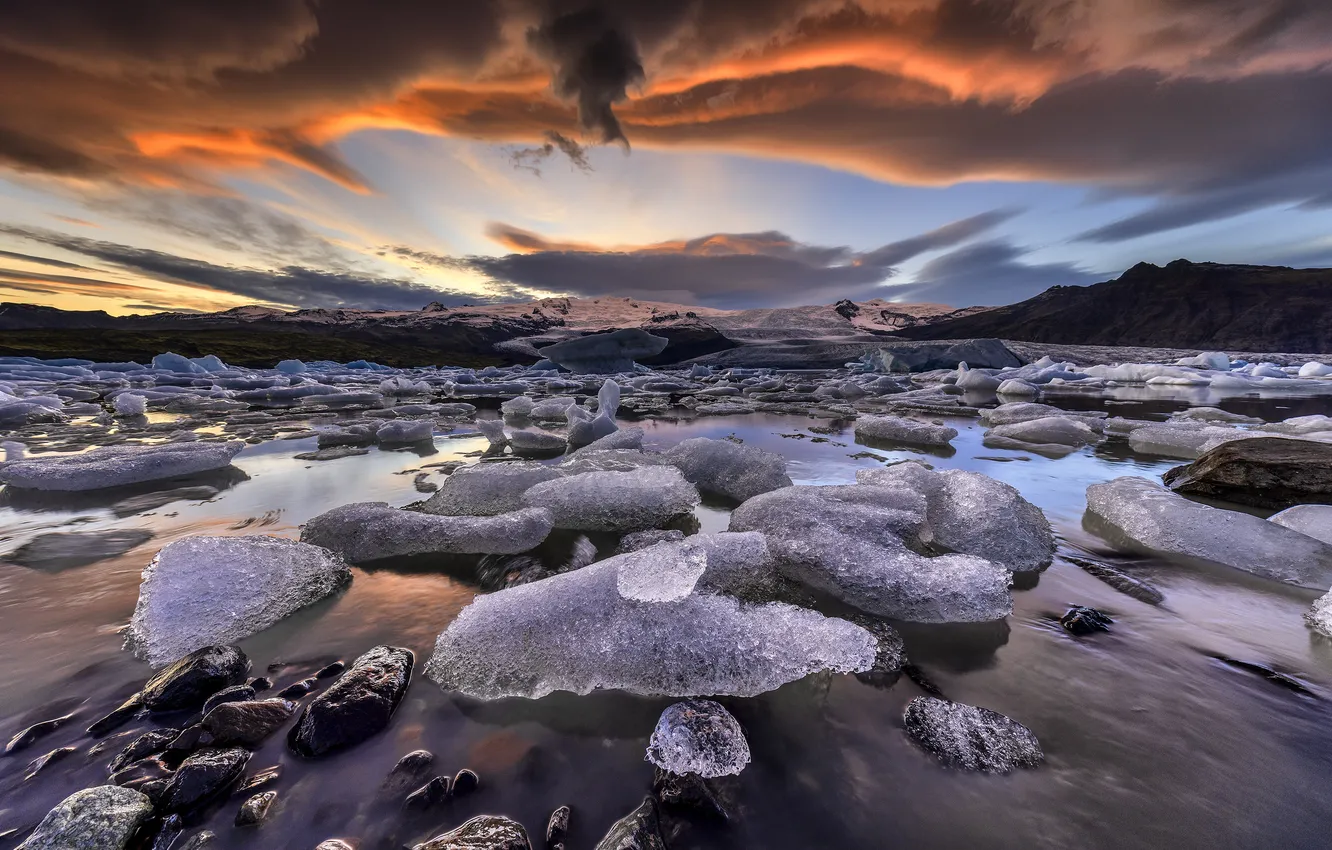 Photo wallpaper ice, sunset, shore
