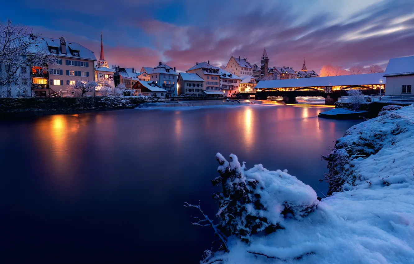 Photo wallpaper snow, bridge, river, dawn, building, home, morning, Switzerland