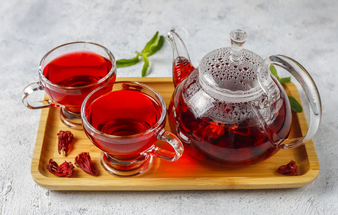 Photo wallpaper glass, red, table, tea, petals, kettle, the tea party, Cup