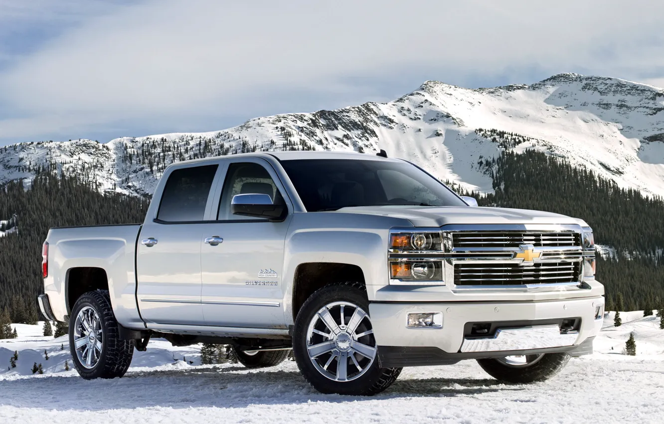 Photo wallpaper machine, snow, mountains, Chevrolet, jeep, pickup, Crew Cab, Silverado