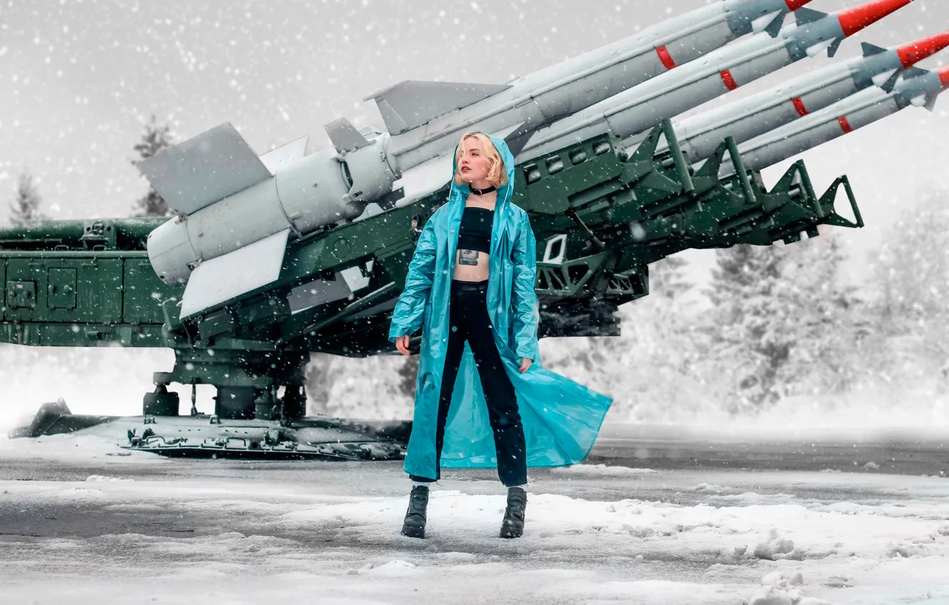 Photo wallpaper girl, snow, rocket, tattoo, cloak, rocket launcher