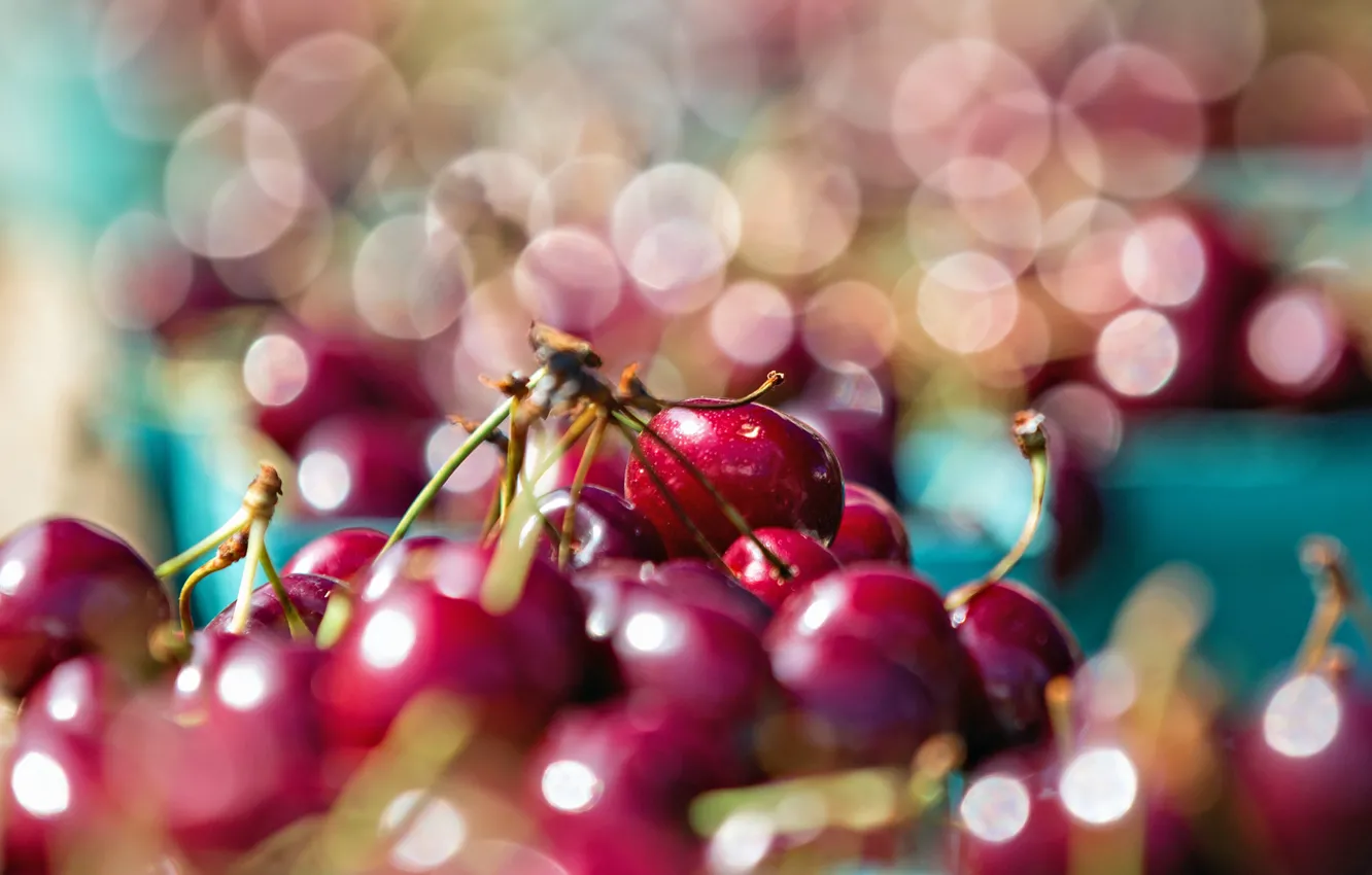 Photo wallpaper macro, cherry, glare, food, cherry, bokeh