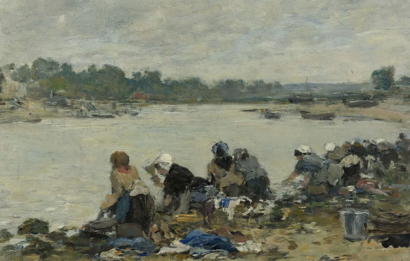 Photo wallpaper women, landscape, river, picture, Eugene Boudin, Eugene Boudin, Laundresses on the Banks of the Touques