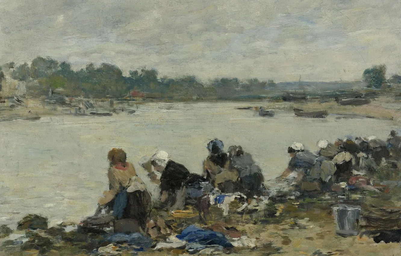 Photo wallpaper landscape, river, woman, picture, Eugene Boudin, Eugene Boudin, Laundresses on the Banks of the Touques