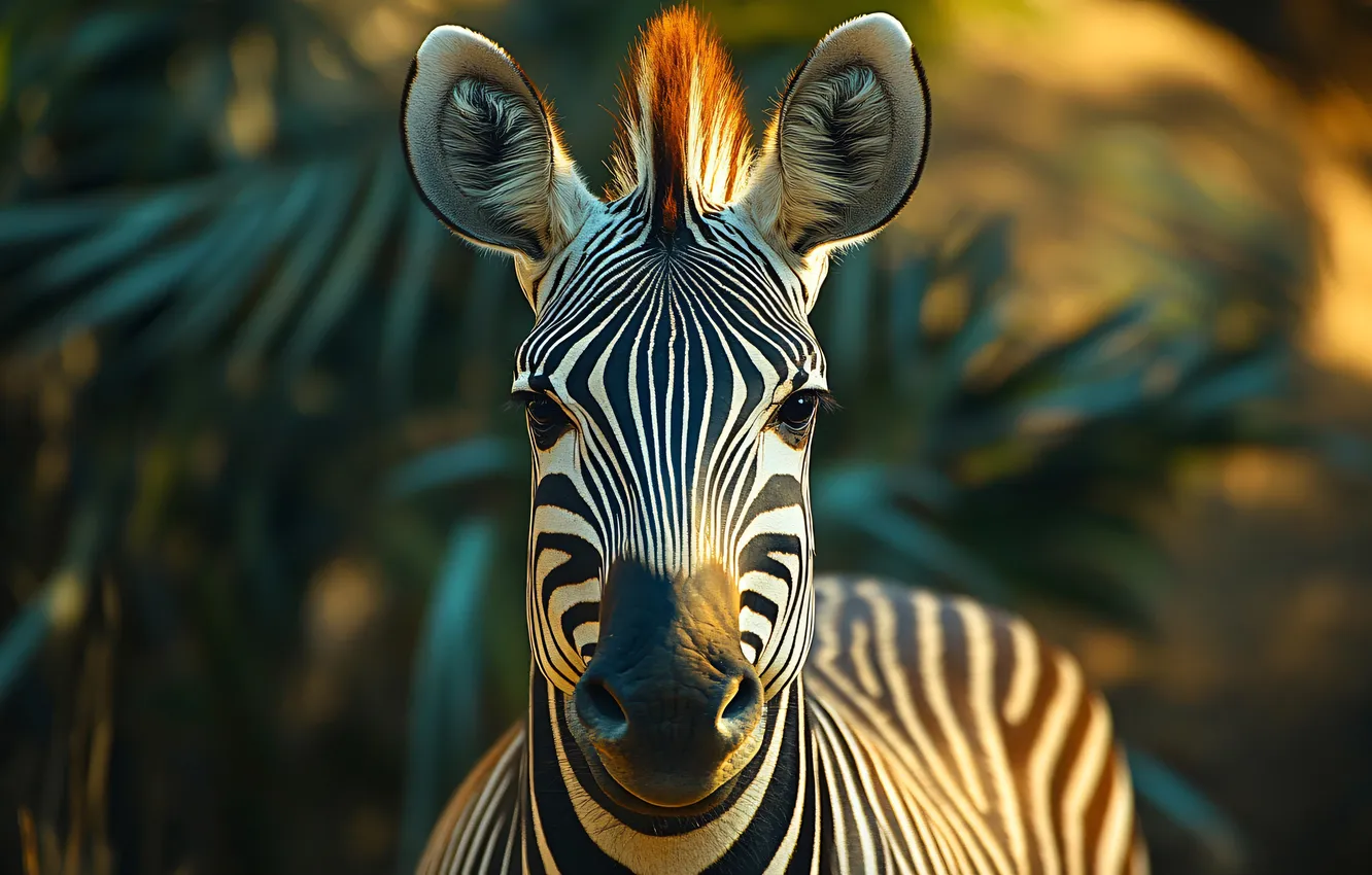 Photo wallpaper look, face, leaves, light, portrait, Zebra, AI art, neural network
