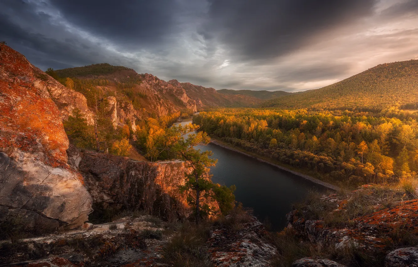 Photo wallpaper autumn, landscape, mountains, nature, river, forest, Khakassia