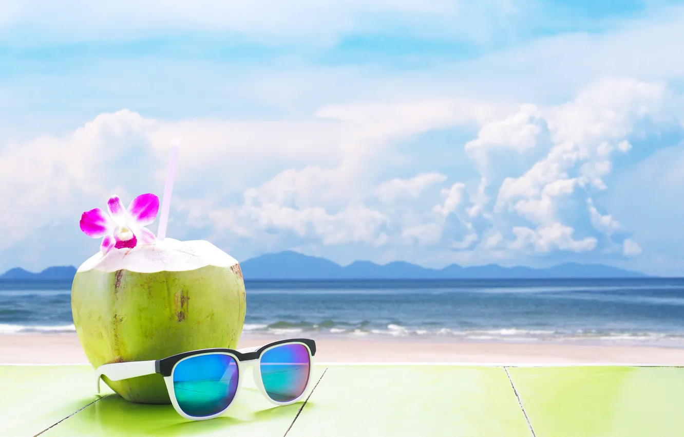 Photo wallpaper sand, sea, beach, summer, stay, coconut, glasses, cocktail