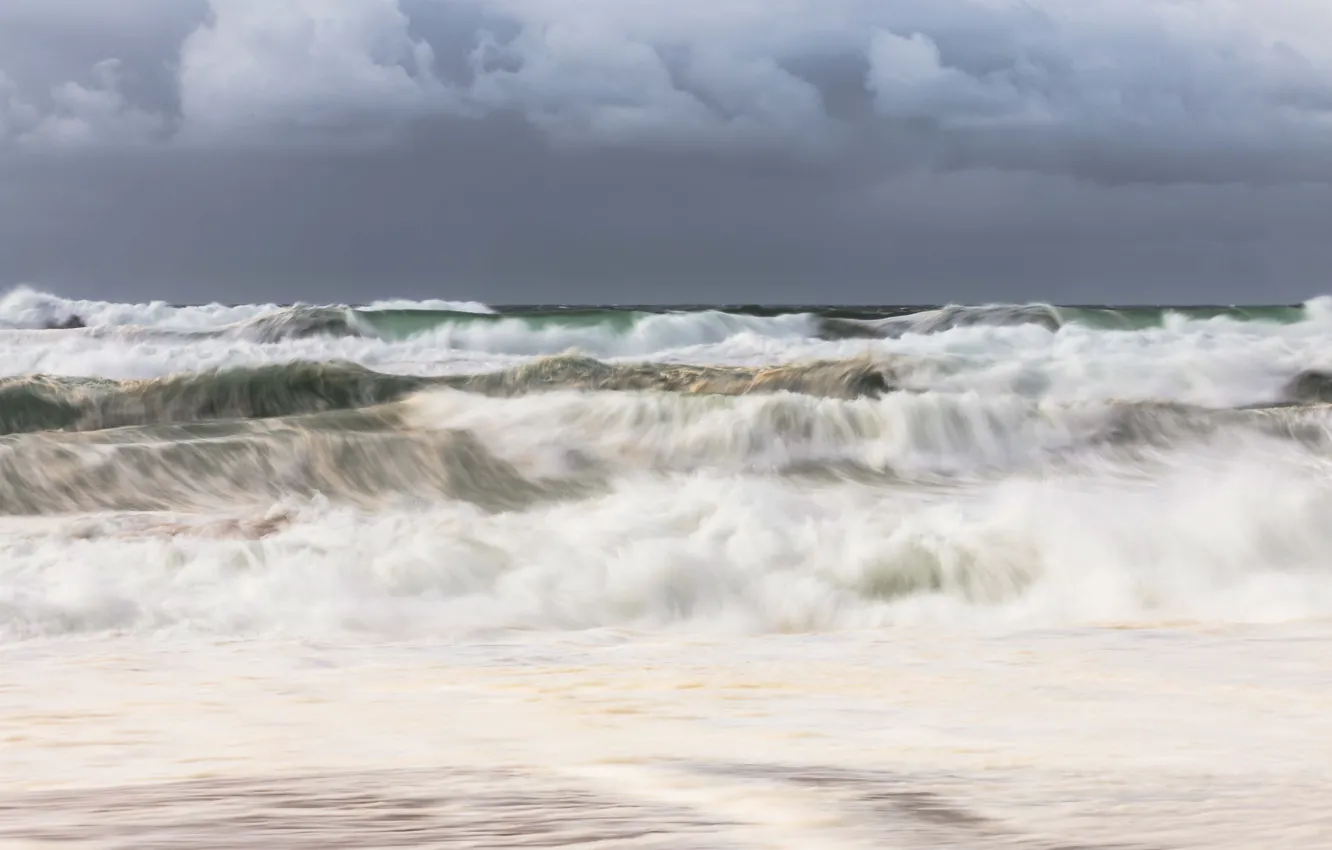 Photo wallpaper waves, storm, beach, sea, ocean, seascape, clouds, seaside