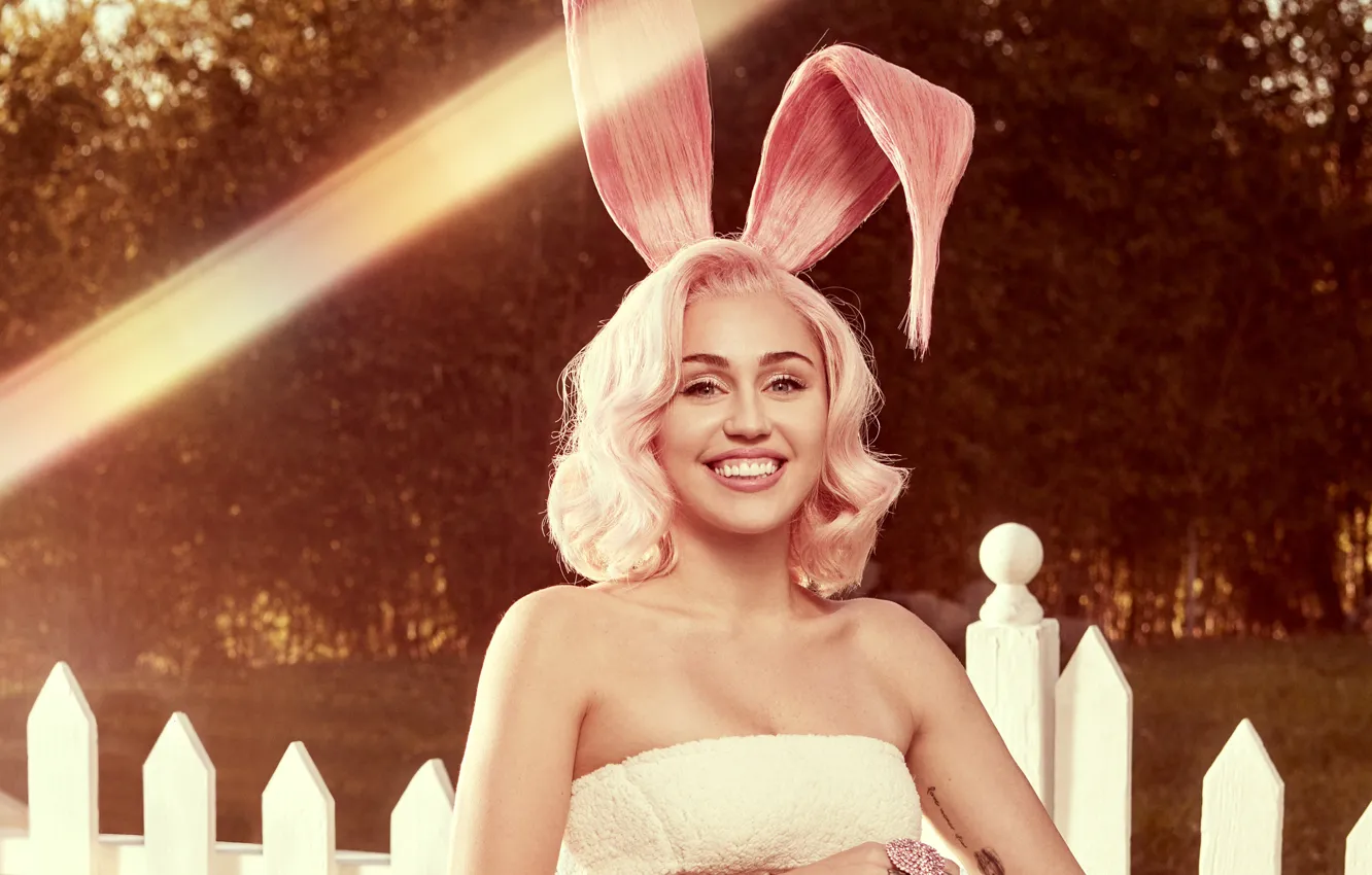 Photo wallpaper smile, rabbit, Singer, Miley Cyrus, ears, singer, Miley Cyrus