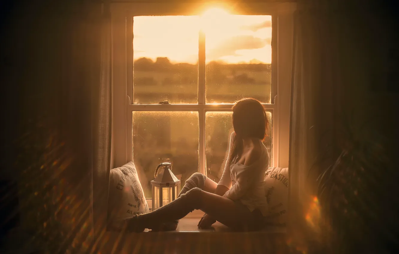 Photo wallpaper girl, pillow, window, legs, Natural touch