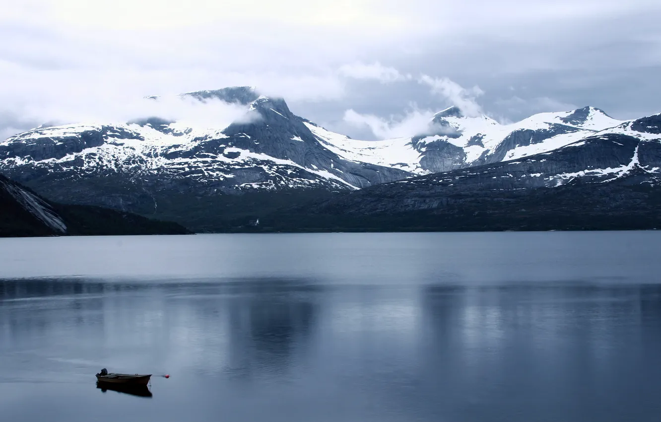 Photo wallpaper landscape, mountains, lake, boat