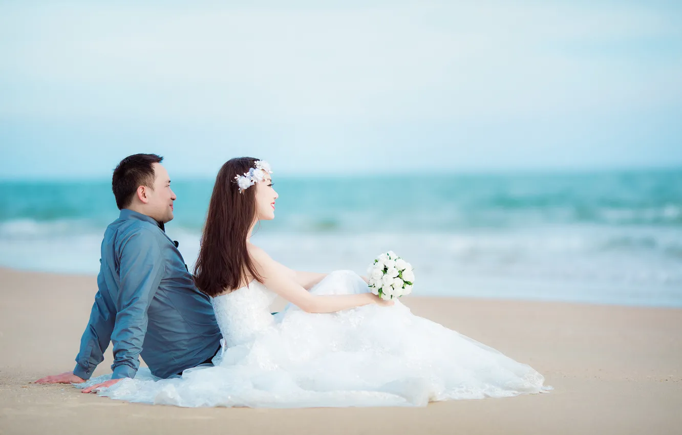 Photo wallpaper sea, beach, bouquet, horizon, pair, the bride, wedding, the groom