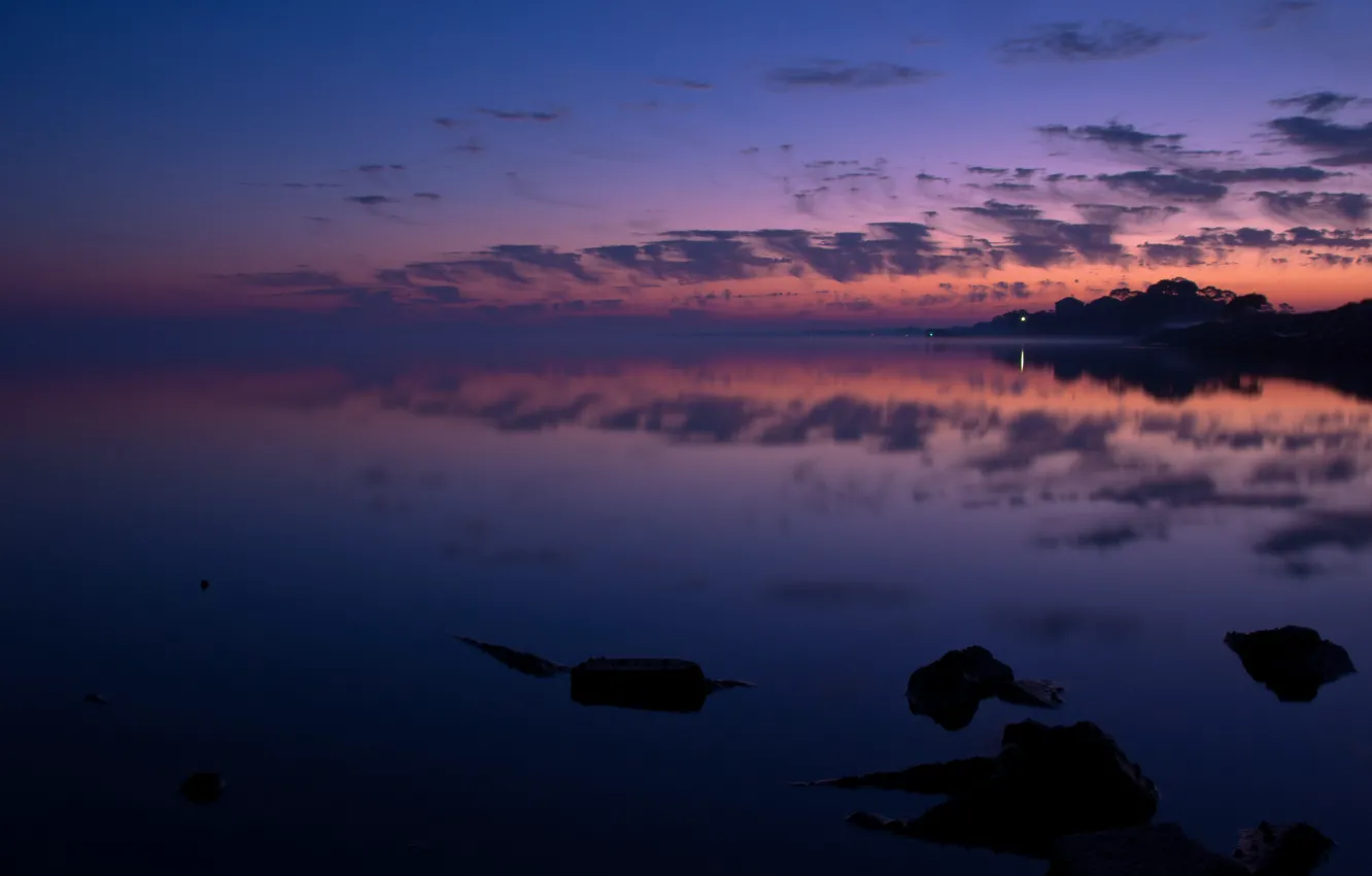 Photo wallpaper the sky, clouds, reflection, dawn, shore, morning, Bay, USA