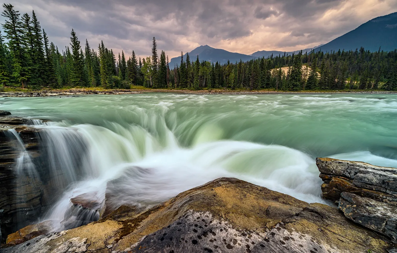 Photo wallpaper forest, mountains, rocks, waterfall, stream