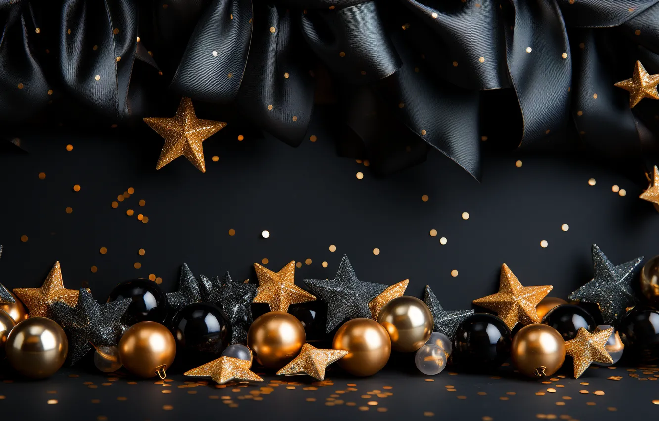 Photo wallpaper stars, decoration, balls, new year, Christmas, golden, black, Christmas