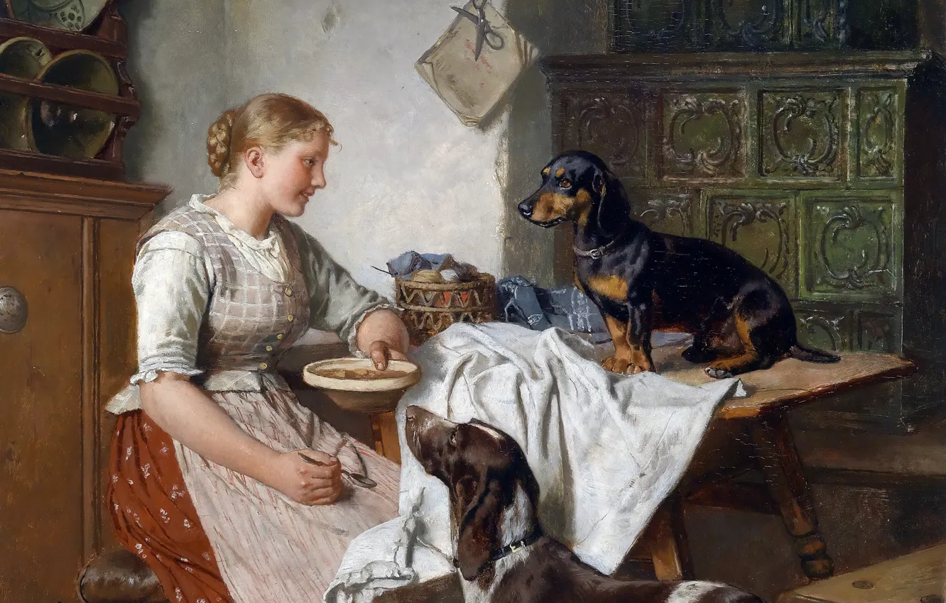 Photo wallpaper girl, table, dog, picture, Adolf Eberle, Adolf Eberle, Hungry comrades, German painter