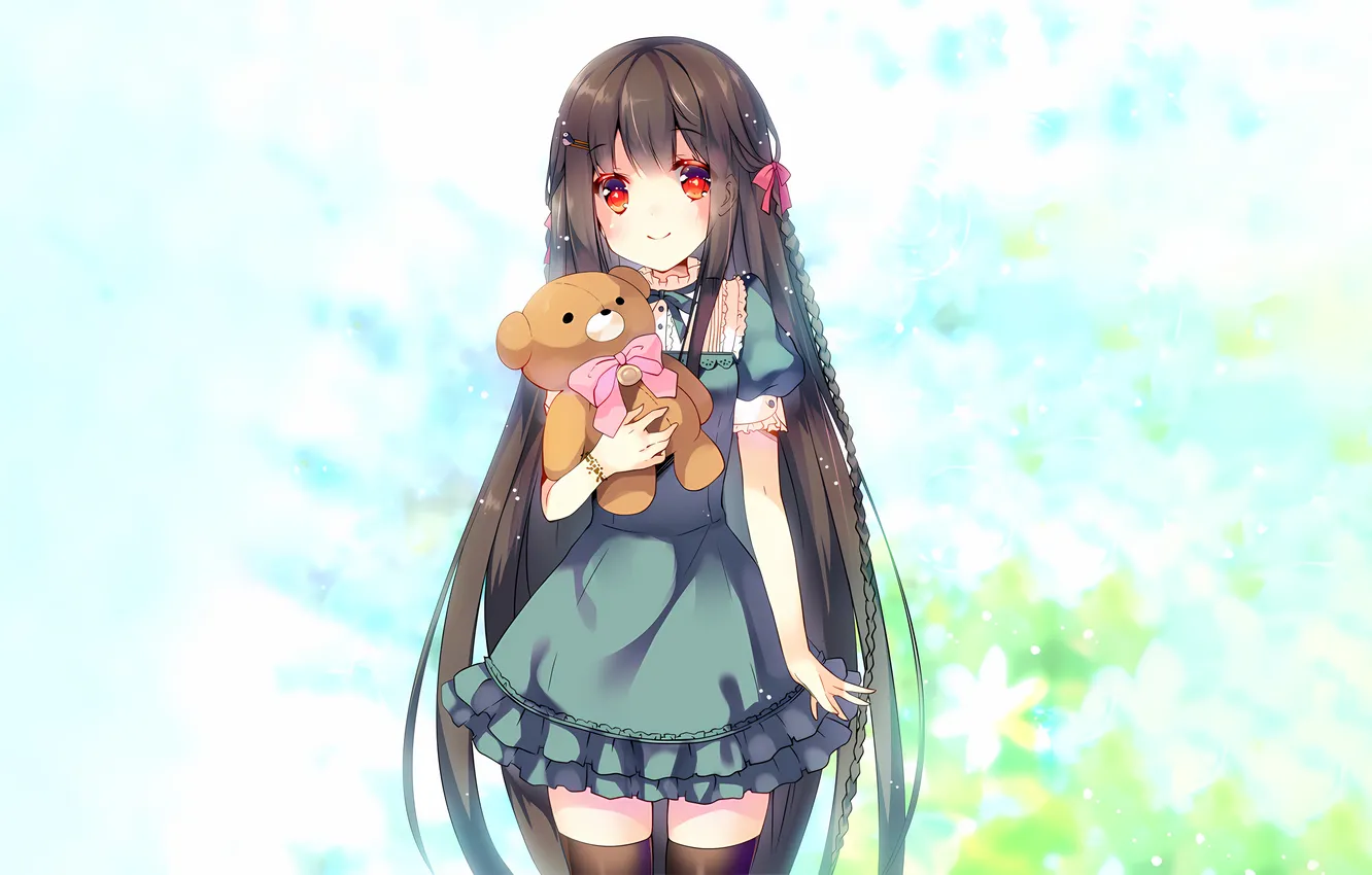 Photo wallpaper girl, thighhighs, long hair, dress, anime, beautiful, red eyes, pretty