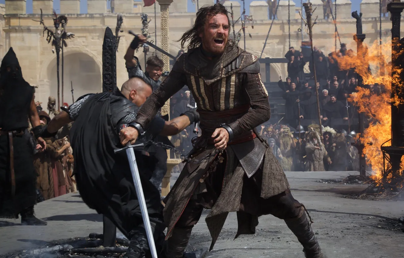 Photo wallpaper cinema, fire, battlefield, flame, sword, assassins creed, game, soldiers