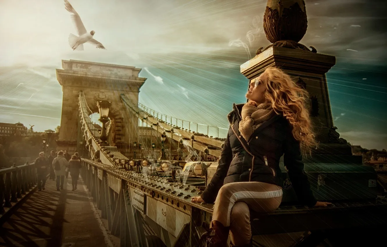 Photo wallpaper wallpaper, sky, bridge, clouds, people, blonde, seagull