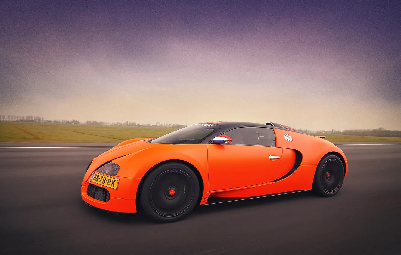 Photo wallpaper road, tuning, speed, Bugatti, Veyron, orange