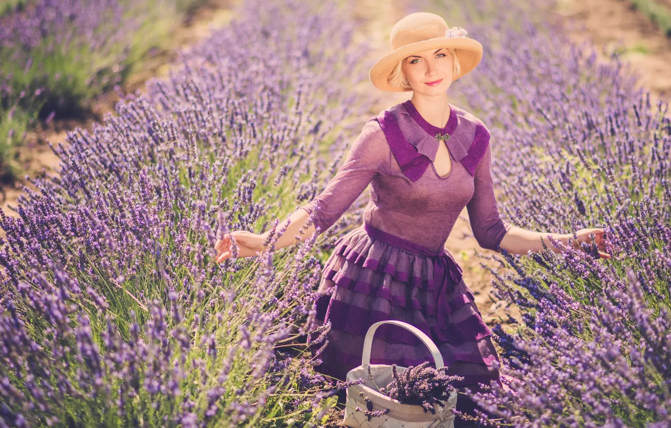Photo wallpaper look, girl, flowers, blonde, hat, basket, lavender